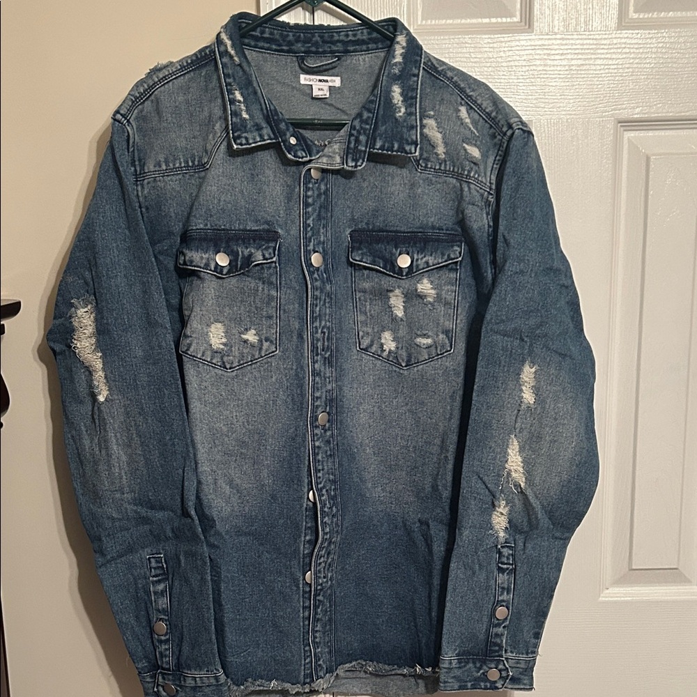 Fashion Nova Blue Distressed Denim Shirt